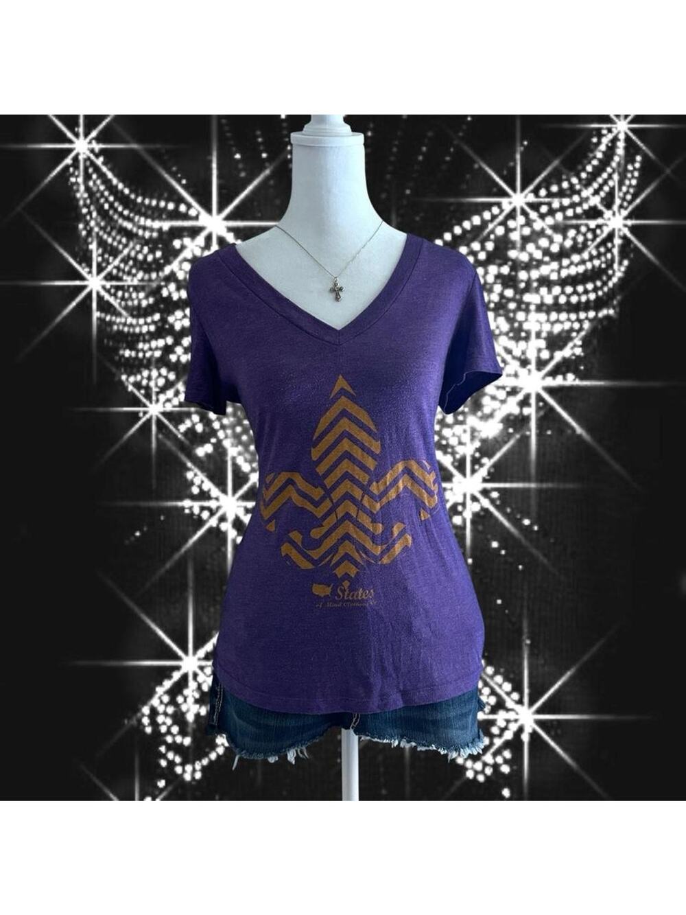 Muted purple v neck fleur de lis shirt